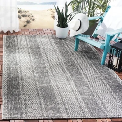 Abbildung von SAFAVIEH Zeitgenössische Teppich für Wohnzimmer, Esszimmer, Schlafzimmer Courtyard Collection, Kurzer Flor, Hellgrau und Schwarz, 160 X 231 cm