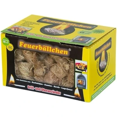 Abbildung von Feuerbällchen das Original zum Anzünden von Kachelofen, Kamin, Herd, Grill, Lagerfeuer aus reinen Naturprodukten unempfindlich gegen Nässe Made in Germany 0,5 kg Schachtel (ca. 40 Stück)