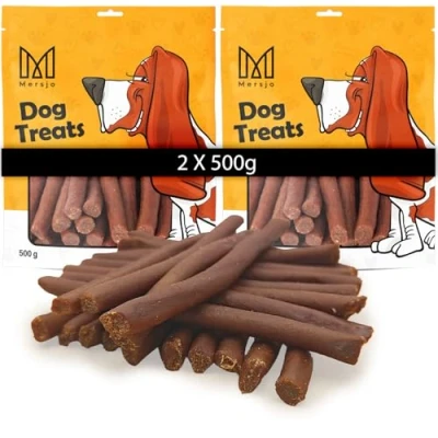Abbildung von MERSJO Hundeleckerli 85% Hoher Fleischanteil, Keine Zusatzstoffe, Getreide und Zuckerfrei, Leckereien für Hunde zur täglichen Ergänzung, Natürliche Kauhilfe, Rindfleisch Kabanos, 1000g