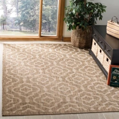 Abbildung von SAFAVIEH Geometrisch Teppich für Wohnzimmer, Esszimmer, Schlafzimmer Wasserdicht Courtyard Collection, Kurzer Flor, Braun und Knochen, 201 X 290 cm
