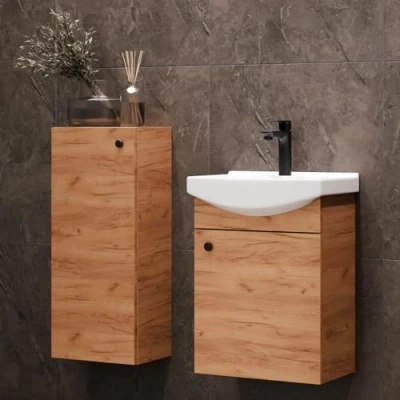 Abbildung von Planetmöbel Badset aus Unterschrank 45cm mit Waschbecken und 1x Midischrank in Gold Eiche, Set für Badezimmer 3 teilig