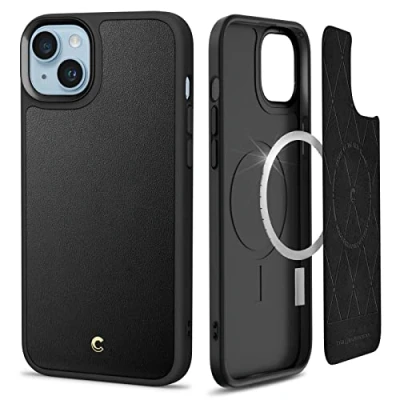 Abbildung von CYRILL von Spigen Kajuk Mag [Kompatibel mit iPhone 14] Magnetisches kabelloses Laden Premium Lederhülle Schutzhülle Schwarz