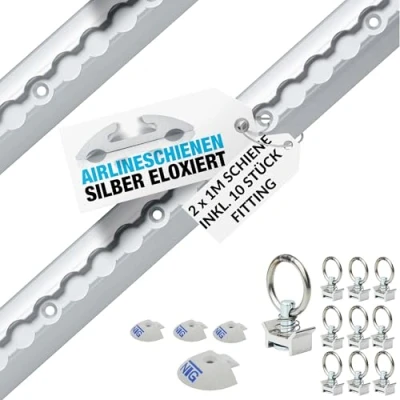 Abbildung von NTG 2 Stück je 1 m Airlineschiene halbrunde Form aus Aluminum mit Bohrungen SPARSET INKL. 10 STÜCK Fitting + 4 ENDKAPPE Ladungssicherung für LKWs, Anhänger, Wohnmobile eloxiert 1000mm