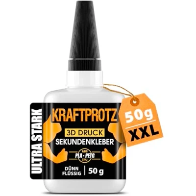 Abbildung von 50 g 3D DRUCK Sekundenkleber extra stark Inkl. Anti Austrocknung Spitze KRAFTPROTZ Dünnflüssiger Superkleber Wasserfest PLA Kleber, ABS PETG Kleber &amp; TPU