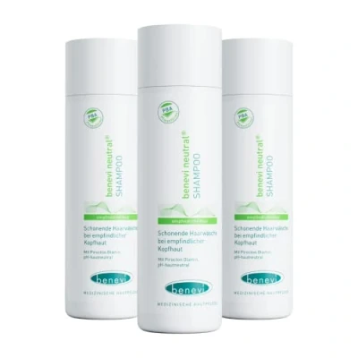 Abbildung von benevi Shampoo 3 x 200 ml für empfindliche, trockene, juckende, gereizte Kopfhaut und Haare. Besonders mild. Auch bei zu Neurodermitis oder Schuppenflechte neigender geeignet.