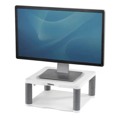 Abbildung von Fellowes Monitorständer Premium, höhenverstellbar in 5 Stufen, ergonomisch, sehr stabil für Monitore bis 21 Zoll, mit Ablage, weiß grau
