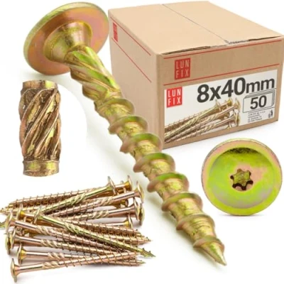 Abbildung von Lun Fix Tellerkopfschrauben 8x40 mm 50 Stück TX40 Tellerkopf/Fräsrippen Gelb Verzinkt Torx Schrauben Holzschrauben Flachkopfschrauben Holz Konstruktionsschrauben