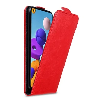 Abbildung von Cadorabo Hülle kompatibel mit Samsung Galaxy A21s Flip Design aus Premium Kunst Leder Klappbare Stoßfeste Magnetische Cover für Tasche in Rot