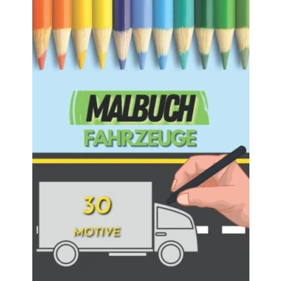 Abbildung von Ausmalbuch Fahrzeuge für Kinder 30 Motive in A4 Format Auto Bagger Flugzeug Monstertruck Drohnen Schiffe Malbuch