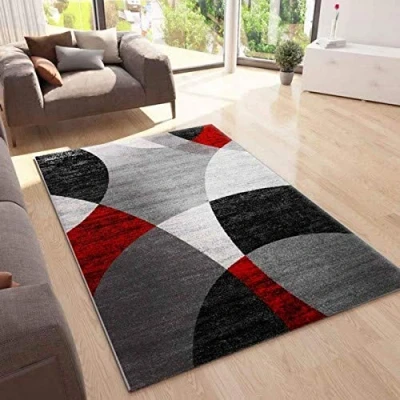Abbildung von VIMODA Teppich Geometrische Kreismuster Meliert in Grau Weiß Schwarz und Rot, Maße:80x150 cm