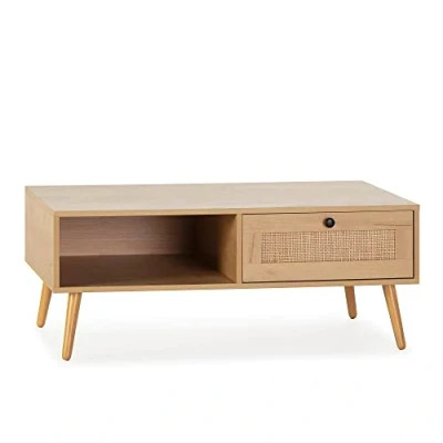 Abbildung von HOMN LIVING Couchtisch Bella 1 Schublade Farbe Eiche mit natürlichem Rattan, Metallführungen, 100 cm (Breite) 59 (Tiefe) 40 (Höhe)