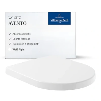 Abbildung von Villeroy &amp; Boch WC Sitz Avento Toilettendeckel Weiß glänzend mit Absenkautomatik Abnehmbarer, bruchsicherer Toilettensitz aus Duroplast Schlanker Klodeckel D Form Original Ersatzteil