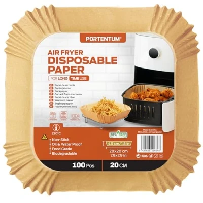 Abbildung von PORTENTUM Backpapier für Heißluftfritteuse 100 Stück BPA frei, 20 24 cm, Airfryer Pergamentpapier Liner Kompatibel mit COSORI Philips Cecotec Midea Russell Hobbs XL XXL