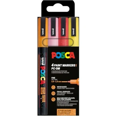 Abbildung von POSCA Uni Ball 186531 Marker Set, 4 Acrylstifte Glitzer PC 3M, Permanent 0,9 1,3 mm Rundspitze