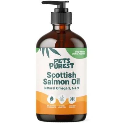 Abbildung von Pets Purest Lachsöl Hunde, Katzen und Heimtiere 1 Liter. Reichhaltiges Omega 3 6 9 Fischöl Futterzusatz. 100% natürliches für Fell, Immununterstützung, juckende Haut, Gelenk &amp; Gehirngesundheit