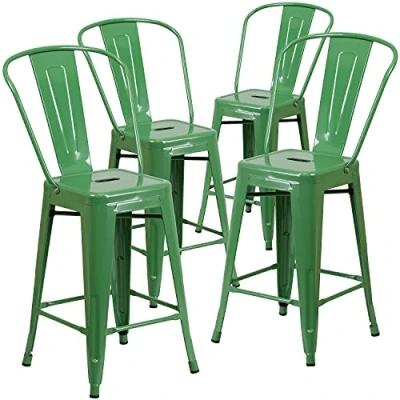 Abbildung von Flash Furniture Lily Handelsübliche Qualität, 61 cm hoch, Metall, für drinnen und draußen, Thekenhöhe mit Abnehmbarer Rückenlehne, Grün, 4 Stück