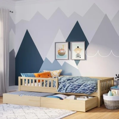 Abbildung von Bellabino Kinderbett Vils (Bett 90x200 cm mit großer Schublade, natur), Lattenrost und Rausfallschutz, aus Kiefer Massivholz