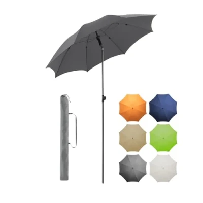 Abbildung von FARE Sonnenschirm Gr. M 180 cm Durchmesser UV Schutz 50+ für Balkon Garten Terrasse Sommer Titan Finish Knickvorrichtung Drehfeststeller inkl. Tragetasche (grau)