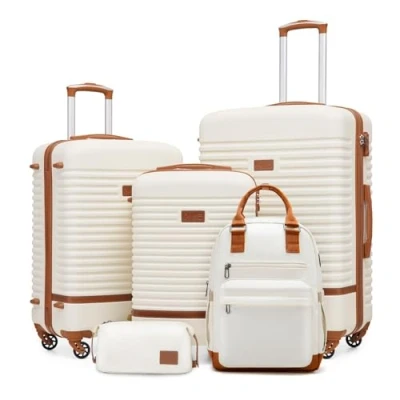 Abbildung von COOLIFE Koffer Trolley Reisekoffer von ABS Hartschalen 4 Rollen TSA Schloss Der Enthält 1 Reiserucksack und Kulturbeutel (Weiß/Braun, Set 5tlg)