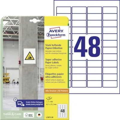 Abbildung von AVERY Zweckform L7873 20 stark haftende Etiketten (960 Aufkleber, 45,7x21,2mm auf A4, extrem selbstklebend, auch für schwierige Oberflächen, bedruckbare Power Klebeetiketten) Blatt, weiß