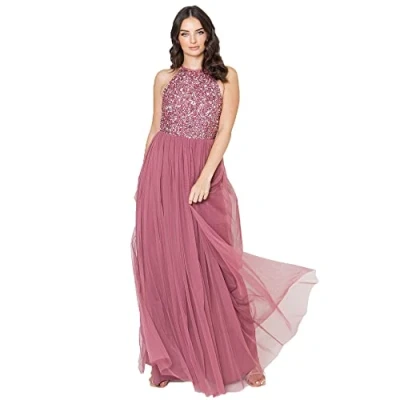 Abbildung von Maya Deluxe Damen Women&#039;s Bridesmaid Maxi Dress Halter Neck Sequin Embellished Prom Graduation Wedding Brautjungfernkleid, Desert Rose, 40 EU