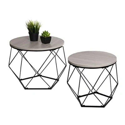 Abbildung von Couchtisch Set HWC L37, Kaffeetisch Beistelltisch Loungetisch, Metall Holz Eiche grau Optik