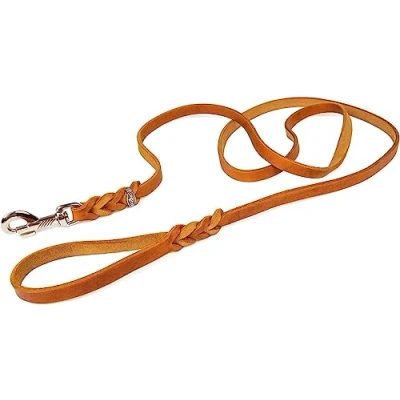Abbildung von CopcoPet Fettlederleine 2 m x 10 mm, Cognac, Hunde Leine aus Leder mit verchromtem Karabiner, geflochtene Führleine