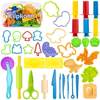 Abbildung von 42pcs Knete Zubehör, Knetwerkzeug Set, Formen, Form, Schere, Teigroller mit Aufbewahrungstasche, Spielset zubehör für Kinder Kleinkinder Jungen Mädchen