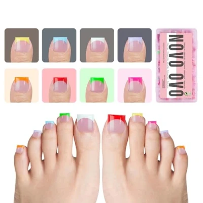 Abbildung von NOVO OVO French Tip Fußnägel, 8 gemischte Sommerfarben, scharfe, quadratische, weiche Gel Verlängerung für künstliche Zehennägel, Aufbaugel und Überlack erforderlich, 15 Größen, 240 Stück