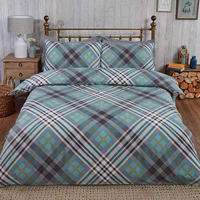 Abbildung von Rapport Bettwäsche Set für King Size Bett, Schottenkaro, gebürstete Baumwolle, Enteneiblau