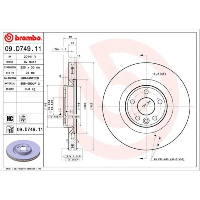 Abbildung von BREMBO 09.D749.11 Bremsscheibe 325 30 5 innenbelüftet beschichtet hochgekohlt LAND ROVER: Range Rover Velar