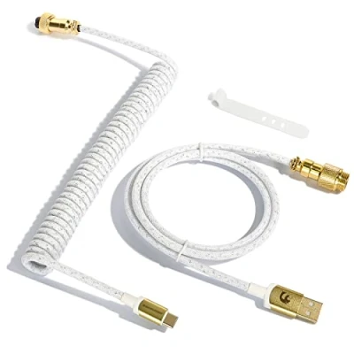 Abbildung von MAMBASNAKE C03 Coiled Usb C Kabel für Gaming Tastatur, Starlight Geflochtenes Tastaturkabel, Typ bis A, Braided Cable C, Spiral Tastaturkabel Abnehmbare Gold Luftfahrtanschluss Weiß