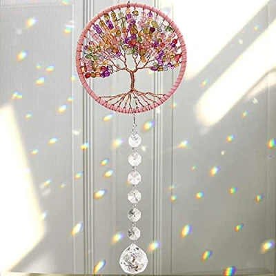 Abbildung von Cosylove Suncatcher Anhänger Baum des Lebens Kristall Auto Spiegel Hängend Kronleuchter Regenbogen Prisma für Fenster Garten Dekoration (Rosa)
