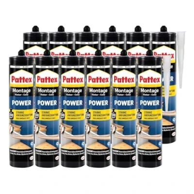 Abbildung von Pattex Montagekleber Power, Baukleber mit starker Anfangshaftung, Kraftkleber für saugende Materialien, Kleber innen &amp; außen, 12 x 370g