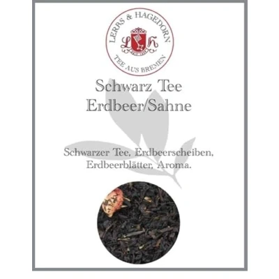 Abbildung von Lerbs &amp; Hagedorn, Schwarz Tee Erdbeer/Sahne 250g (Ca. 20 Liter) Erdbeerscheiben, Erdbeerblätter