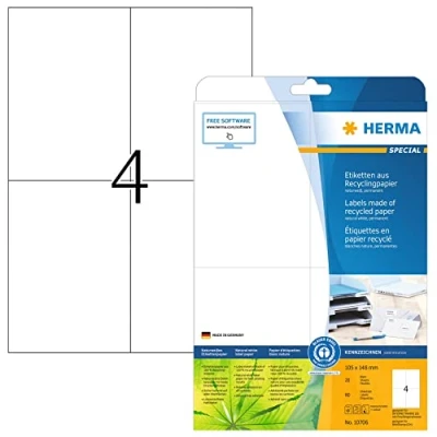 Abbildung von HERMA 10706 Recycling Etiketten, 20 Blatt, 105 x 148 mm, 4 pro A4 Bogen, 80 Stück, selbstklebend, bedruckbar, matt, blanko Papier Klebeetiketten Aufkleber, natur weiß