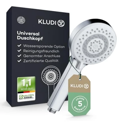 Abbildung von KLUDI X1 Universal Duschkopf wassersparend als Option, Duschbrause mit 3 Strahlarten (Body, Hair, Skin), reinigungsfreundlicher Brausekopf Ø 10,7 cm, Shower Head Antikalk Funktion in Chrom