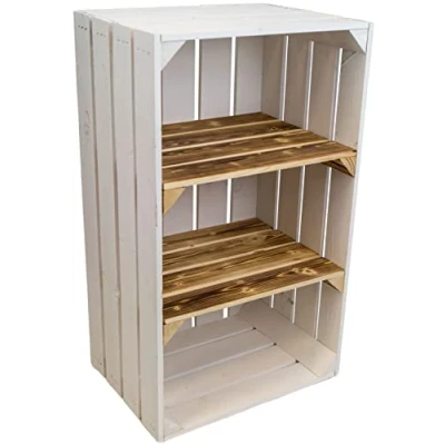 Abbildung von Kistenkolli Altes Land hohe Holzkiste Willi mit Zwei Zwischenbrettern 68x40x30cm HxBxT Schuhregal Bücherregal Nachttisch (1er Set, Weiss geflammte Bretter)