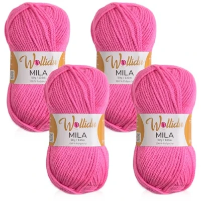 Abbildung von Wollidu Mila Garn zum Häkeln und Stricken 4 x 50g/133m Strickgarn 100% Polyacryl Häkelgarn Candy Pink