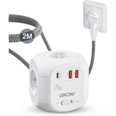 Abbildung von LENCENT 4 Fach Steckdosenleiste Flachstecker Steckdosenwürfel Typ C PD20W Mehrfachsteckdosen 7 in 1 Cube Steckdose mit 2USB3.0&amp;1PD20W, Steckerleiste 2 Meter Geflochtenem Kabel für Wandsteckdose