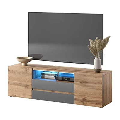 Abbildung von Selsey TV Lowboard BROS, stehend mit LED Beleuchtung, 137 cm, Wotan Eiche Matt/Grau Hochglanz