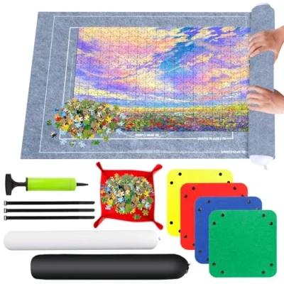 Abbildung von RISVOWO Puzzlematte, Puzzle Roll Storage Mat für Bis 1500 2000 3000 Puzzle, Tragbare Rollenmatte mit Sortierschale, Puzzleunterlage Auf 80 * 120 cm Aufbewahrung(Grau)