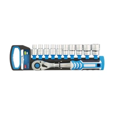 Abbildung von Hogert Technik HT1R332 Steckschlüsseleinsatz Set 11 Sechskant Chrom Vanadium Stahl 1/2 mit Ratschenfunktion Vierkant