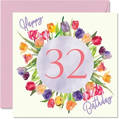 Abbildung von schöne Geburtstagskarten zum 32. Geburtstag für Frauen Aquarell Tulpen Blumenstrauß Karte Ihre Tochter Tante Schwester Freunde Geburtstagsgeschenke 145 mm x florale Grußkarten