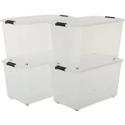 Abbildung von Iris Ohyama, Aufbewahrungsbox aus Kunststoff, 70 l Büro Aufbewahrungsbox, 4er Set, TBR 70, transparent, stapelbar, Verschlussclips ? B68 x T39 H38 cm
