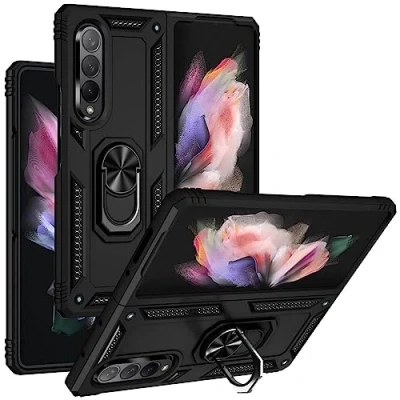 Abbildung von Verco Hybrid Armor Shield Case für Samsung Galaxy Z Fold 4 Hülle, extrem robust mit Magnet Fingerring Halter Handyhülle 5G Panzerhülle, Schwarz