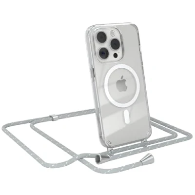 Abbildung von EAZY CASE Handykette kompatibel mit iPhone 15 Pro Kette zum Umhängen Stoßfest Handyhülle für Silikon Hülle Band Transparent als Fallschutz in Grau/Weiß Clips Silber