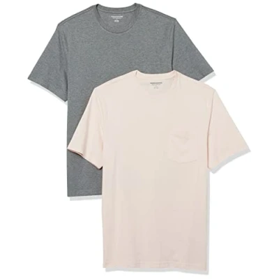 Abbildung von Amazon Essentials Herren T Shirt mit kurzen Ärmeln, Rundhalsausschnitt und Tasche in normaler Passform, 2er Pack, Blassrosa/Grau Meliert, XS
