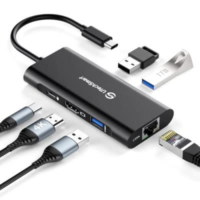 Abbildung von USB C Hub, UtechSmart 6 in 1 zu HDMI Adapter mit 1000M Ethernet, PD 100W Ladeanschluss, 3 3.0 Ports Kompatibel für MacBook Pro, Chromebook, und Geräte(Schwarz)