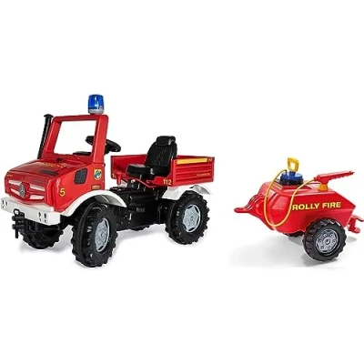 Abbildung von Rolly Toys Unimog Feuerwehr Tretauto (mit Anhänger ab 3 Jahren, Feuerwehrauto zum selber fahren mit Flüsterlaufreifen, Schaltung, Handbremse, Tretfahrzeug, 3, Kinderfahrzeug) 038275